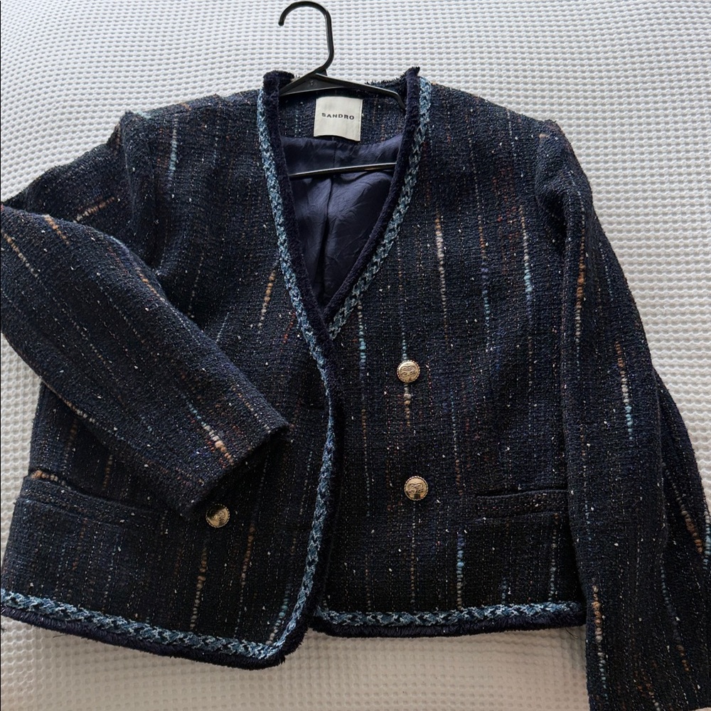 Sandro Navy Tweed Cropped Jacket with Braided Trim